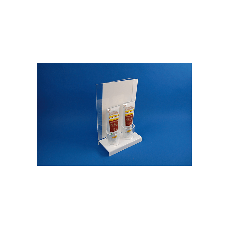 présentoir podium 2 tubes porte produit +plv  # VPP3071