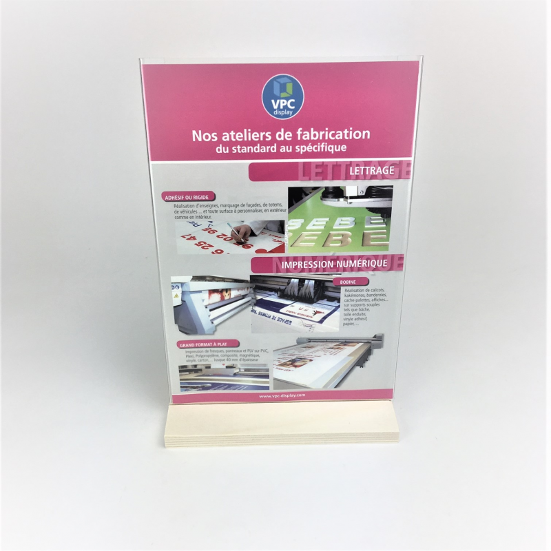 Porte affiche et visuel à poser socle bois et PET recyclable