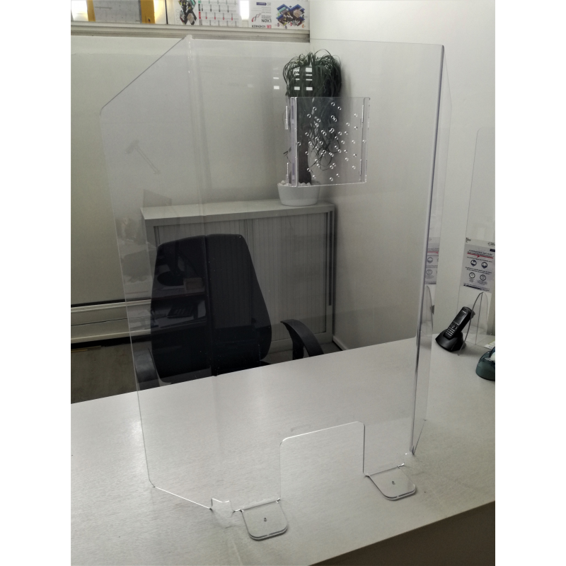 Vitre Plexiglas 3 côtés protection virus pour bureau et comptoir avec double perforations audio Vitre Plexiglas 3 côtés protection virus pour bureau et comptoir avec double perforations audio