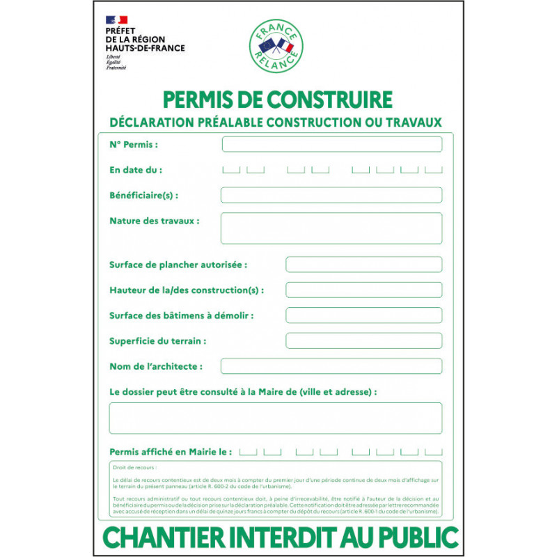 Panneau PVC Immobilier Blanc de Permis de Construire France relance #PI0141 Panneau PVC Immobilier Blanc de Permis de Construire France relance #PI0141