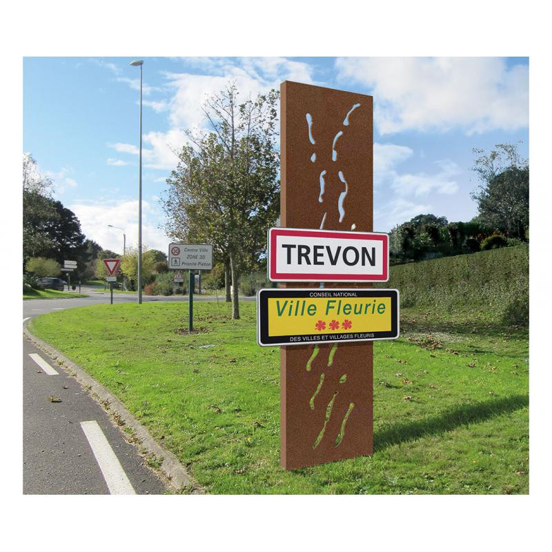 Totem extérieur entrée de ville avec panneau frontal aspect rouillé #TT0861