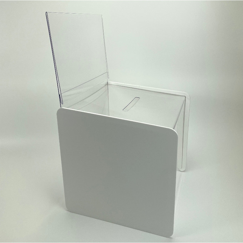 urne blanche transparente avec porte affiche, vue d'angle #VPB0221