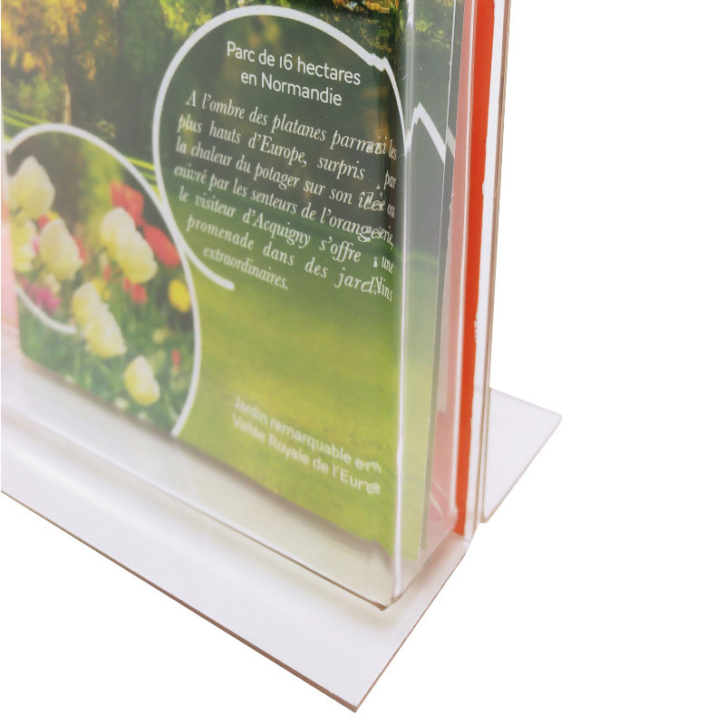 présentoir chevalet porte affiche en T avec porte brochure A6, vue sur le pied #VPE0065