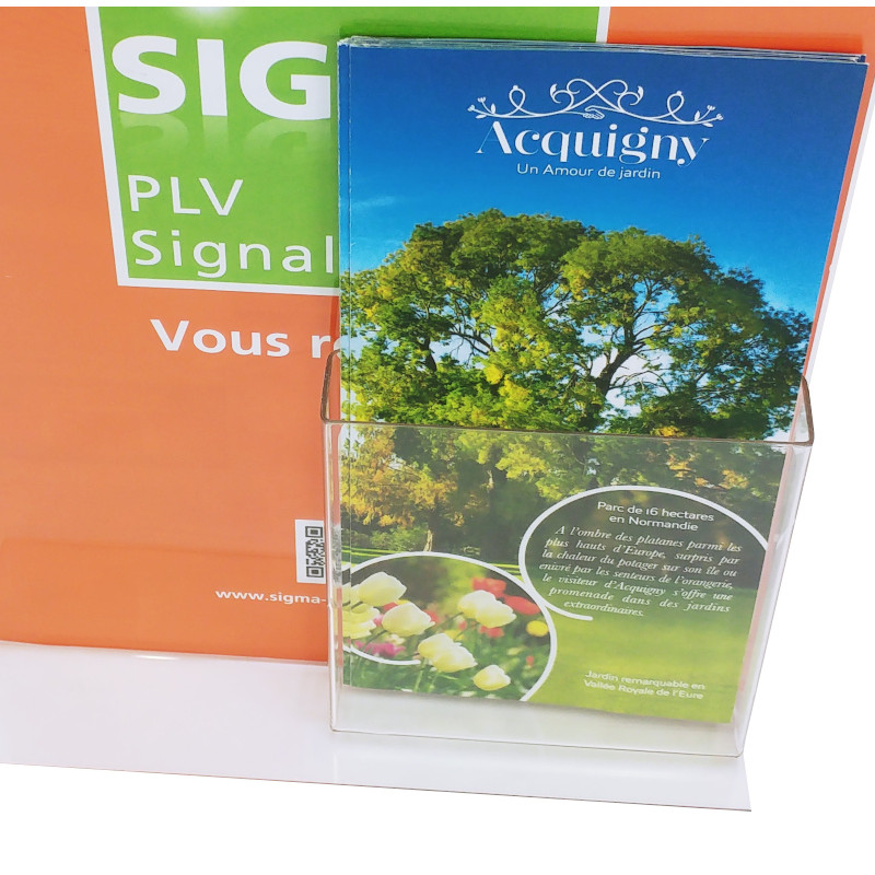 présentoir chevalet porte affiche en T avec vue sur le porte brochure A6 intégré