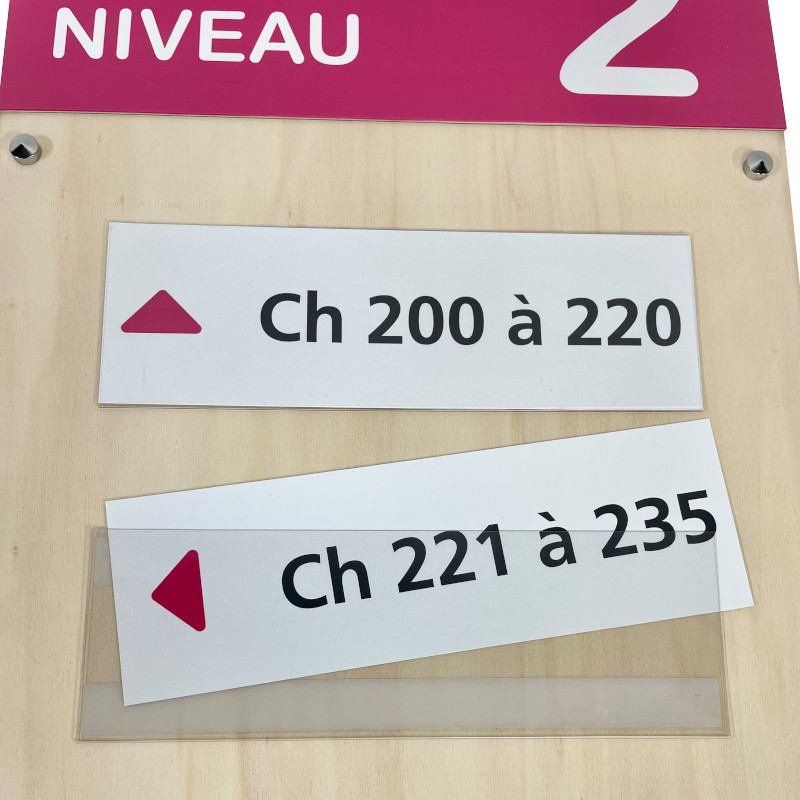 panneau en bois directionnel + affiches informatives, vue de face zoomé