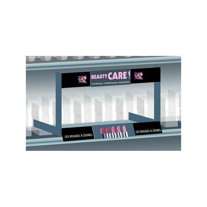 PLV bac avant inclinée avec portique pour tablette de linéaire # VSR4031