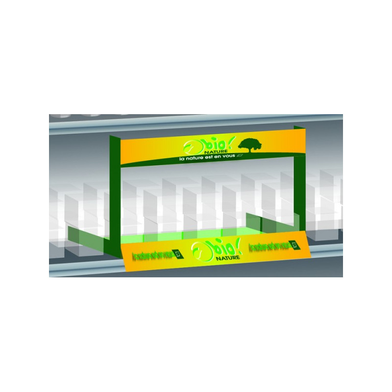 PLV bac face inclinée avec portique pour tablette de linéaire # VSR4011